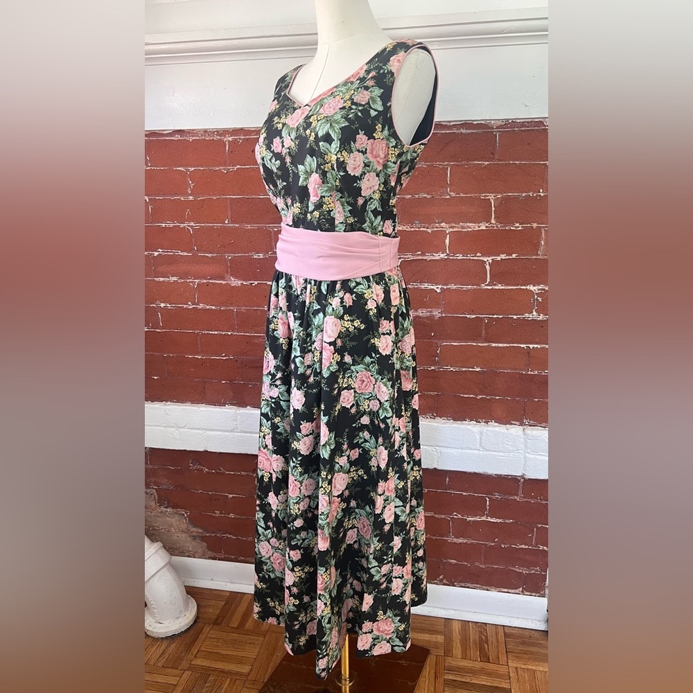 Vintage Lanz  80’s Black and Pink  Floral Midi Dress Sleeveless  Cottagecore - Picture 14 of 16